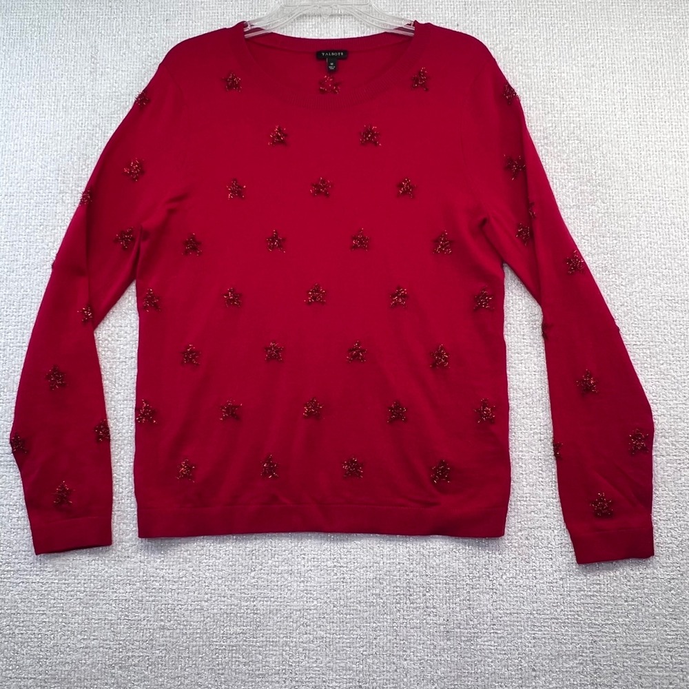 Talbots Red‎ Polka Dot Sweater Metallic Embellished Lambswool Blend Women's M